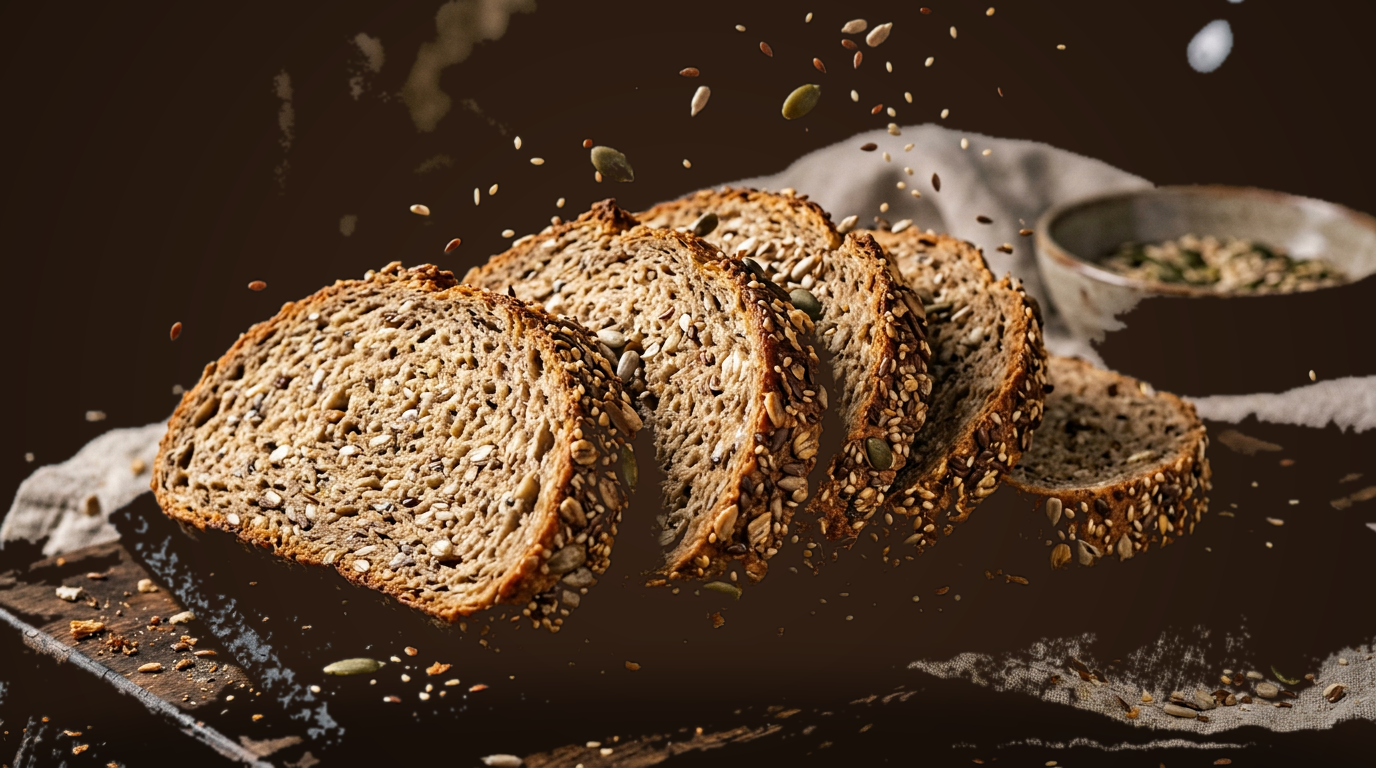GranumVivo meergranenbrood — plakken op warm bronzen ondergrond